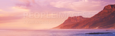 Buy stock photo Beach, travel and mountains in nature or sustainable environment and island destination for vacation. Landscape, sea or sunlight on water on ocean, calm or seascape of cape town for tourist adventure