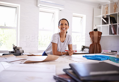 Buy stock photo Fashion designer, workshop and portrait of business woman in office for design, retail and startup career. Professional, creative workplace and happy person with clothing, fabric and textile boutique
