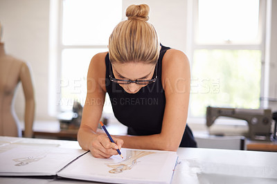Buy stock photo Fashion, designer and woman drawing as planning for clothes, ideas and brainstorming in workshop. Creative, tailor or person sketch in notebook with inspiration for unique style in boutique studio