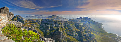 Buy stock photo Mountains, nature and ocean with sky for travel, hiking and eco friendly tourism with banner of Cape Town. Aerial view of environment, landscape and sea on the horizon with adventure in South Africa