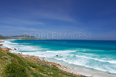 Buy stock photo Mountain, ocean and landscape of beach in Hawaii for tropical holiday, vacation and travel destination. Nature, island and sea, waves and water in summer weekend for location, background and horizon