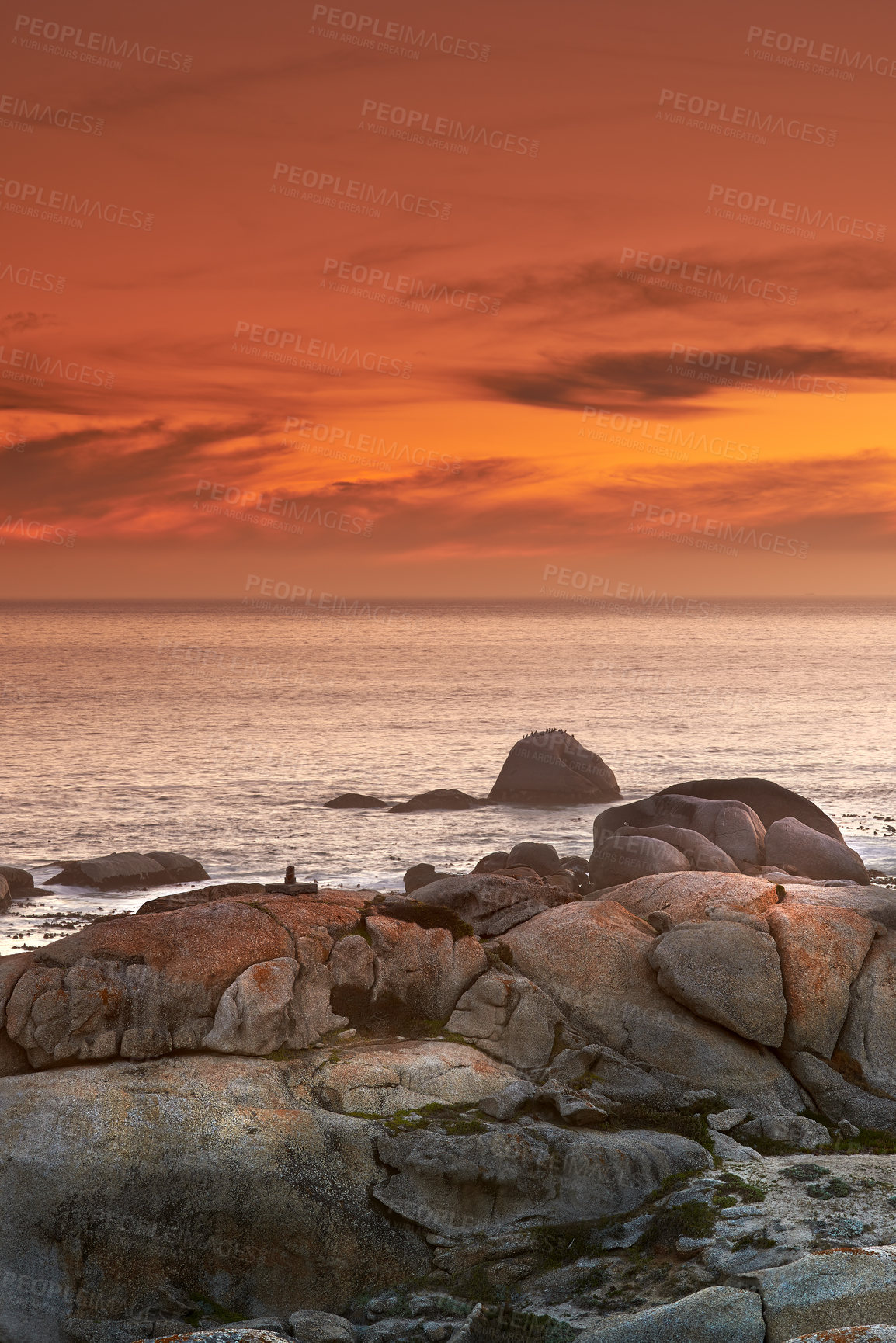 Buy stock photo Ocean, sunset and waves on rocks on tropical island and tourism destination for summer vacation in nature. Sky, clouds and golden color on torrey pines beach, peace and outdoor travel in california