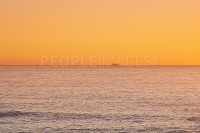 Buy stock photo Sky, sunset and sea at night on the horizon with ocean and waves landscape. Sunrise background, calm weather and summer by the beach with coastline and outdoor environment with mockup in nature