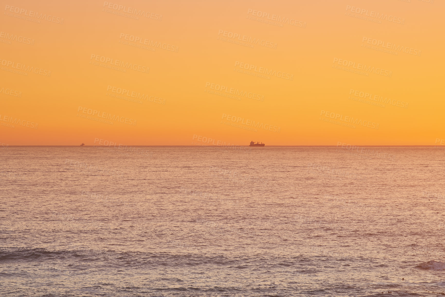 Buy stock photo Sky, sunset and sea at night on the horizon with ocean and waves landscape. Sunrise background, calm weather and summer by the beach with coastline and outdoor environment with mockup in nature