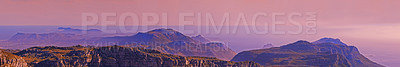 Buy stock photo Mountains, landscape and pink sky with background for travel, hiking or eco friendly tourism and banner of Cape Town. Aerial view of sunset, nature and sea or ocean on the horizon in South Africa