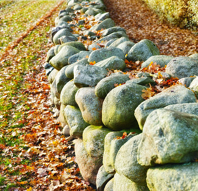 Buy stock photo Stone, rock and leaf on earth with grass for autumn, nature and countryside outside in environment. Turf, ground and boulder in forest, park or wood with moss for landscape, ecology or flora 
