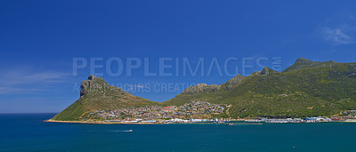 Buy stock photo Beach, drone and mountain on blue sky, paradise and tourist destination for summer vacation in nature. Aerial, ocean and sustainability in cape town, peace and outdoor travel of island environment