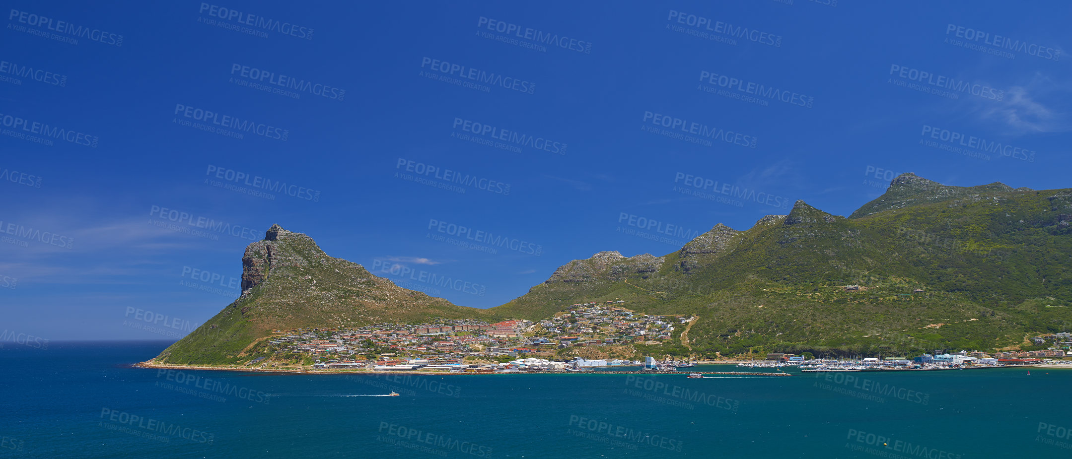 Buy stock photo Beach, drone and mountain on blue sky, paradise and tourist destination for summer vacation in nature. Aerial, ocean and sustainability in cape town, peace and outdoor travel of island environment