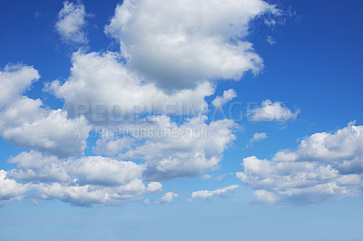 Buy stock photo Blue sky, cloud and nature with weather or outdoor climate of natural scenery in the air. Landscape with clean ozone, view or skyline of heaven, condensation or clear cloudy day in the atmosphere