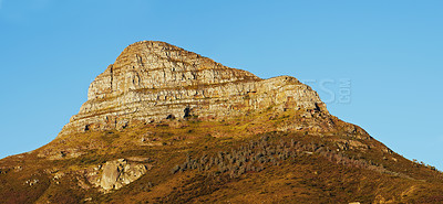 Buy stock photo Mountain, blue sky and summit with natural landscape for travel location, outdoor adventure and environment. Banner, nature and landmark for peace, explore and holiday destination in Cape Town.