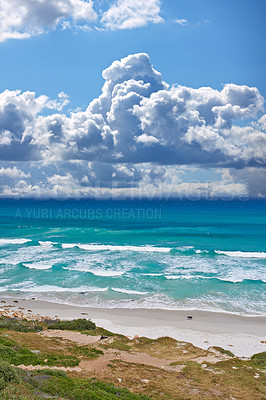 Buy stock photo Blue sky, ocean and clouds with coastline horizon for peace, nature and environment with skyline seascape of tropical beach. Calm water, sea and earth with location for break or vacation with view