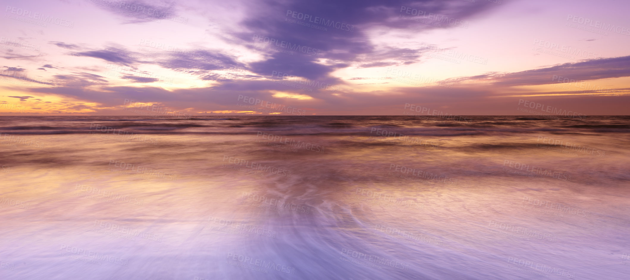 Buy stock photo Beach, sunset and sunshine with clouds, Hawaii and drone for aesthetic and travel environment and sea. Beautiful sky, ocean and landscape in view, trip and vacation for nature and tranquility