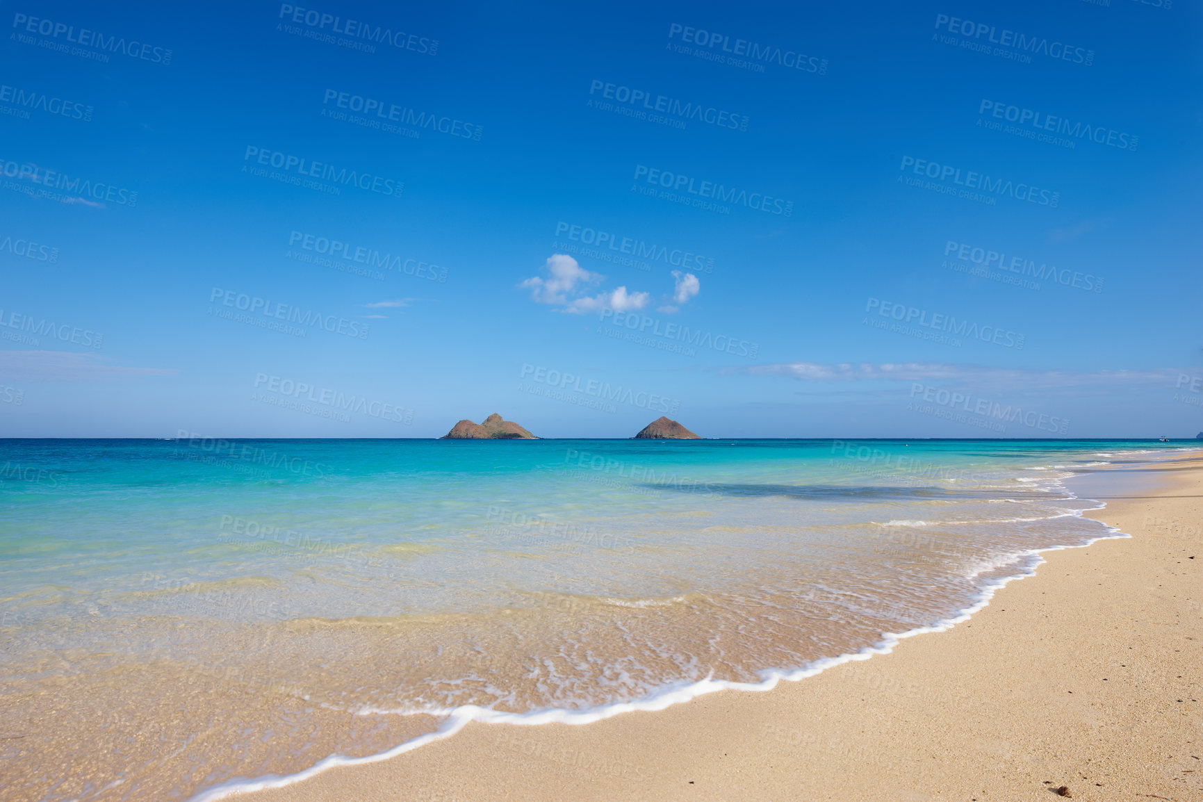 Buy stock photo Water, beach and ocean landscape with clouds in the sky or travel to a tropical paradise, dream vacation or island holiday, Hawaii, summer wallpaper and relax in nature, sun and blue sea waves