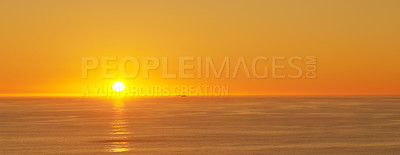 Buy stock photo Ocean, sunset and sun on horizon for landscape and tourism destination for summer vacation in nature. Bright sky, clouds and golden sky on island beach, seascape and sunshine for salutation of day