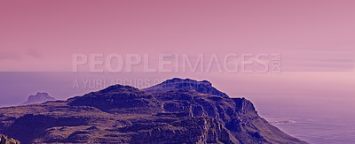 Buy stock photo Mountain top, nature and pink sky background for travel, hiking and eco friendly tourism with banner of Cape Town. Aerial view of sunset, landscape and sea or ocean on horizon in South Africa mockup