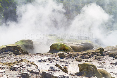 Buy stock photo Rocks, smoke or vapor in nature with landscape, sulphuric pool or volcano in environment. Steam, mist and fog with heat from natural hot spring, Earth and stone with mountain for travel or tourism