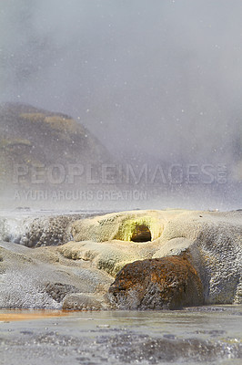 Buy stock photo Sulphur spring, pools and water with mineral deposit, salt and natural benefits. Steam, gases or outdoor in New Zealand with rocky terrain, nature and fog or hot fountain of aqua from thermal stream