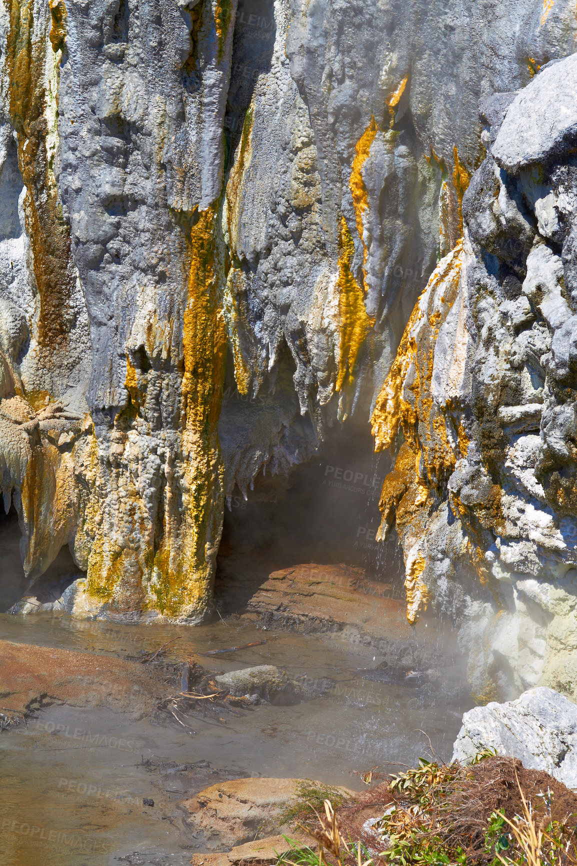 Buy stock photo Rocks, closeup of dam and water for nature, background or landscape with ecosystem. Stone, jagged edge and textures with stream in river, natural resource and element for sustainability and liquid