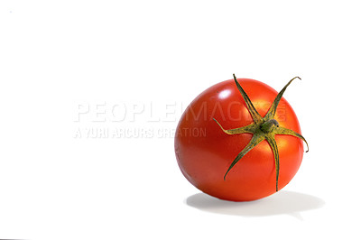 Buy stock photo Closeup, tomato and stem with natural vitamins for diet, nutrition or snack on a white studio background. Organic red vegetable, food or vegetarian consumables for health and wellness on mockup space