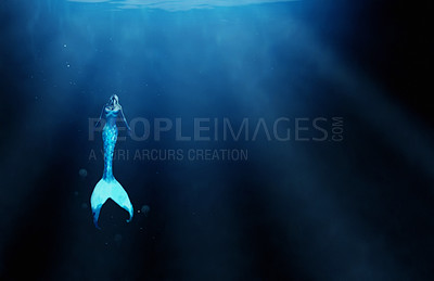 Buy stock photo Mermaid, fantasy and underwater with fish woman, siren and scales of sea person. Ocean, mysterious and goddess figure of female creature, aqua and swimming in blue water or surreal artistic illusion 