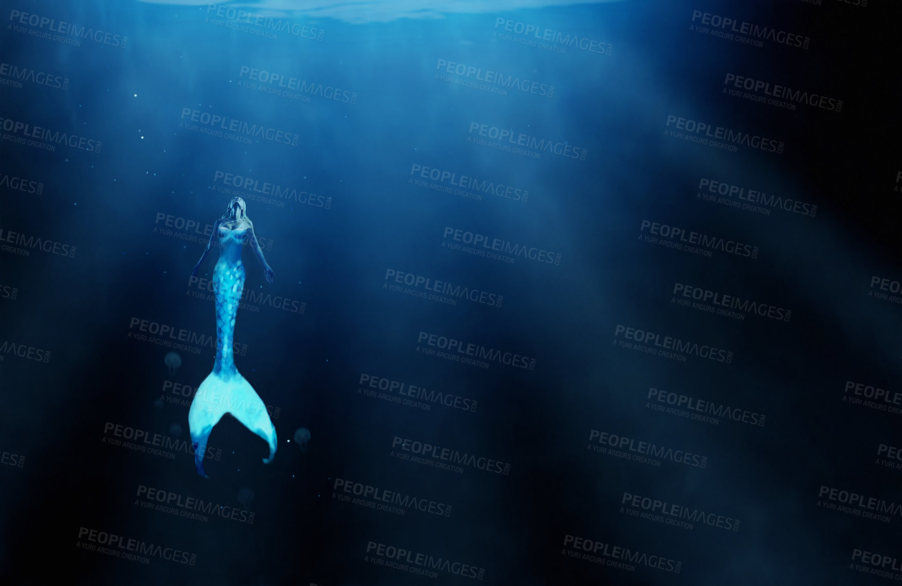 Buy stock photo Mermaid, fantasy and underwater with fish woman, siren and scales of sea person. Ocean, mysterious and goddess figure of female creature, aqua and swimming in blue water or surreal artistic illusion 
