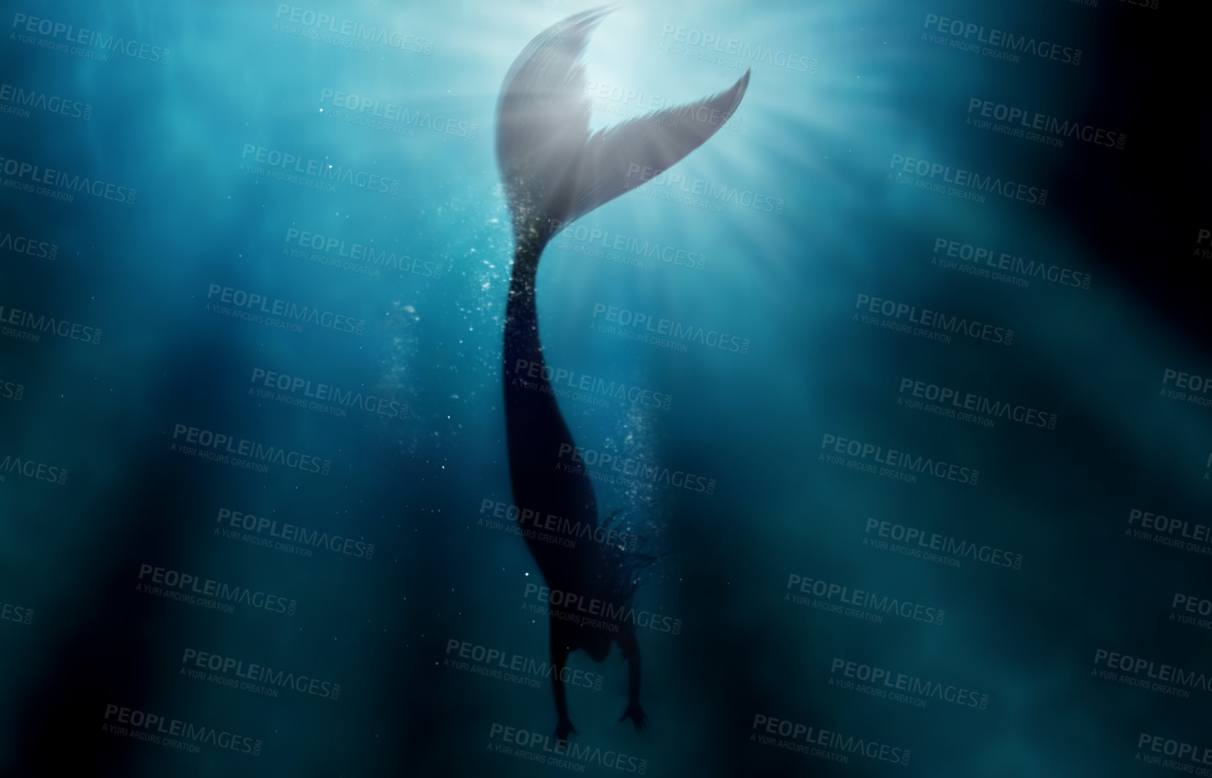 Buy stock photo Mermaid, water and sea with silhouette underwater for aqua, fish or magic for myth, goddess and surreal. Mystical, swimming and fantasy for fairytale, creature and folklore for mysterious in ocean
