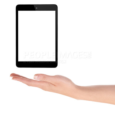 Buy stock photo Hand, tablet and screen on display in studio, social media and product placement on white background. Person, tech and web or networking on mockup space, app and internet or online for advertising