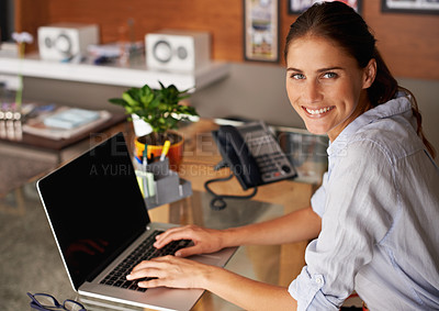 Buy stock photo Businesswoman, laptop and portrait in home office professional, freelance and working in house. Female person, happy and smile with computer or typing, research and technology for connectivity