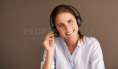 Buy stock photo Portrait, customer service and sales consultant in studio professional, formal and working with headset. Call center, woman and talk with clients for support, advise and help in mockup space