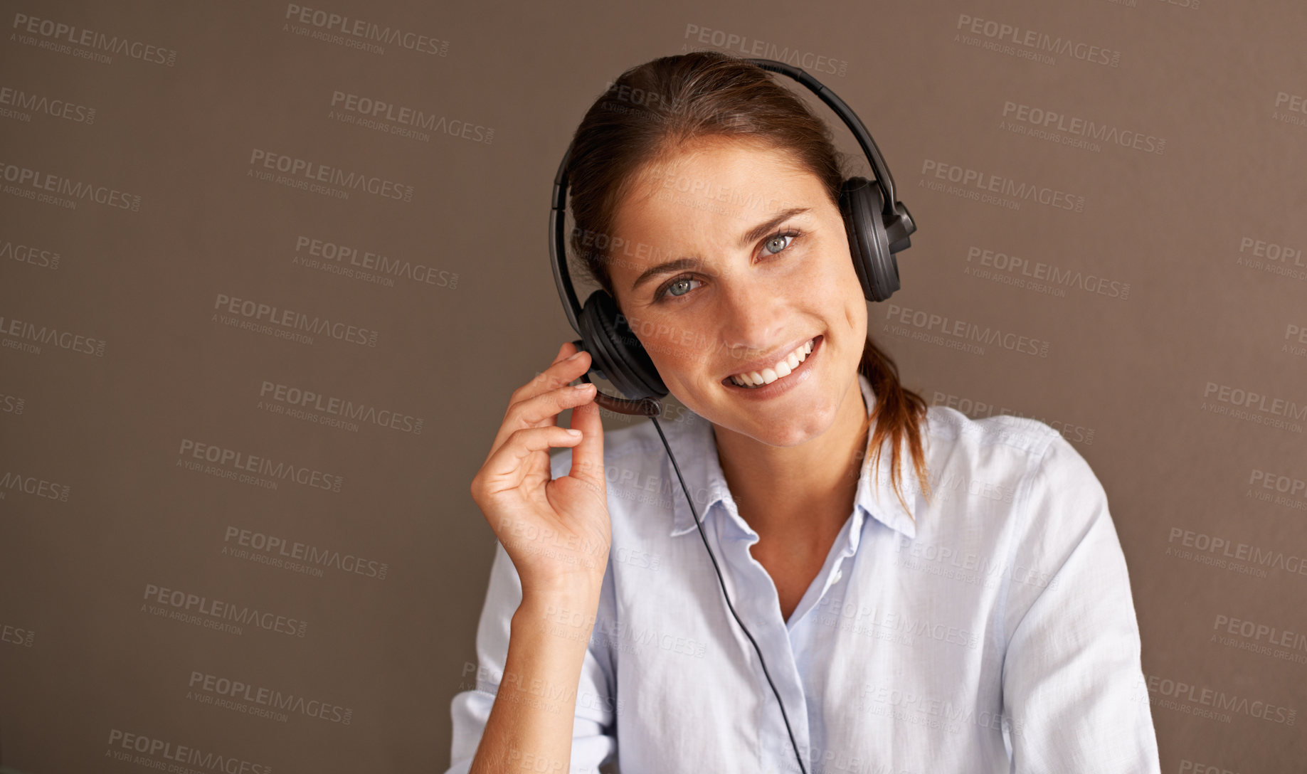 Buy stock photo Portrait, customer service and sales consultant in studio professional, formal and working with headset. Call center, woman and talk with clients for support, advise and help in mockup space