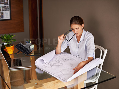 Buy stock photo Architecture, thinking and woman with blueprint for ideas, development and planning a design at her office desk. Professional designer brainstorming, solution and engineering with floor plan or paper