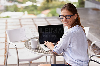 Buy stock photo Businesswoman, portrait and laptop typing at cafe, restaurant or coffee shop for communication, internet and technology. Female person, professional or entrepreneur with computer for startup business
