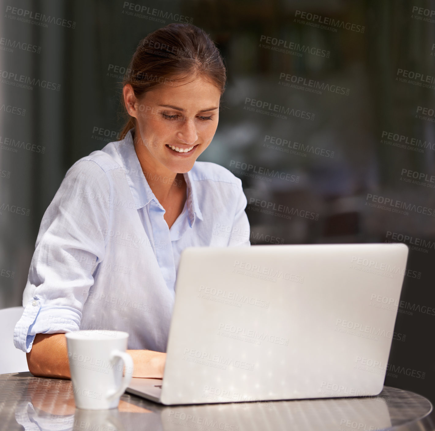 Buy stock photo Businesswoman, laptop and coffee in restaurant professional, freelance and working outside. Female person, happy and smile with computer or typing, research and technology for connectivity in cafe