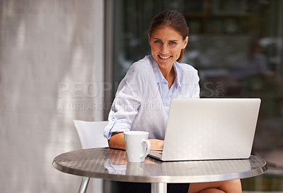 Buy stock photo Happy woman, portrait and laptop at cafe, restaurant and coffee shop for communication, internet and technology. Female person, businessperson and entrepreneur with computer for startup business