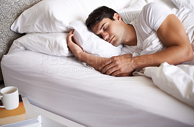 Buy stock photo Man, rest and bed for peace, wellness and sleeping in pajamas and bedroom for home and eyes closed. Muscular male person, relax and dreaming at house, calm and tired and taking nap to chill.