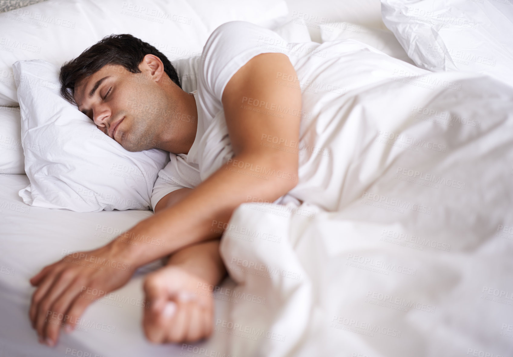 Buy stock photo Man, sleep and bed for peace, wellness and home for rest in pajamas and bedroom for relaxing and sleepwear. Male person, relax and dreaming at house, calm and tired after busy day and taking nap 