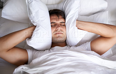 Buy stock photo Man, bed and noise with insomnia, anxiety and frustration for home and waking up in morning moody. Male person, stressed and worried for sleep disorder in house, tired and annoyed on day off