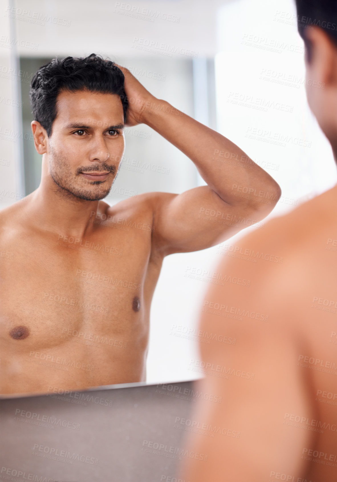 Buy stock photo Bathroom mirror, body and man with hair check in a house for skincare, wellness or morning routine. Hairline, reflection and male person with growth, texture or satisfaction after shower at home