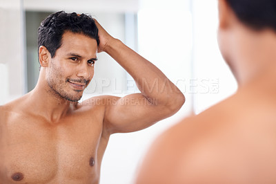Buy stock photo Body, bathroom mirror and happy man with hair check in house for skincare, wellness or morning routine. Hairline, reflection and male person with growth, texture or satisfaction after shower at home