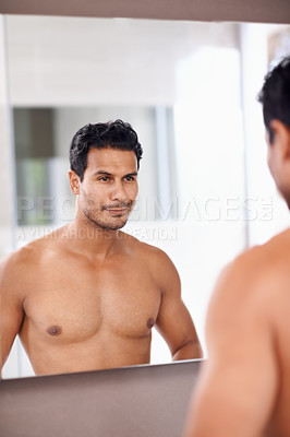 Buy stock photo Skincare, wellness and man for dermatology, morning routine and self care in bathroom mirror. Confidence, beauty and smile of male person with reflection for grooming, body hygiene and cleaning.