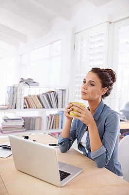 Buy stock photo Woman, laptop and thinking in home coffee, learning and concentration with cup . Freelancer, researching and working on creative project with computer, technology and connectivity for search results