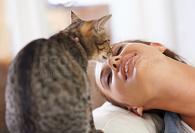 Buy stock photo A closeup shot of a affectionate female owner and her cat