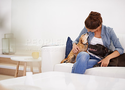Buy stock photo Woman, sofa and happy cuddle with dogs for care, love or bonding in home living room, playing and together. Girl, animal family and bonding on lounge couch with happiness, lifestyle and mockup space