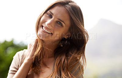 Buy stock photo Portrait, woman and smile outdoor in nature, environment and summer to relax in garden, backyard and patio. Female person, gen z girl and happiness for warm weather at park, terrace and field 