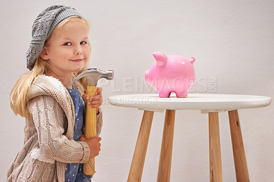 Buy stock photo Girl, hammer and piggy bank in portrait for money, finance and investment for future in home. Female person, child and waiting for profit or wealth, cash growth and tool to break a money box to spend