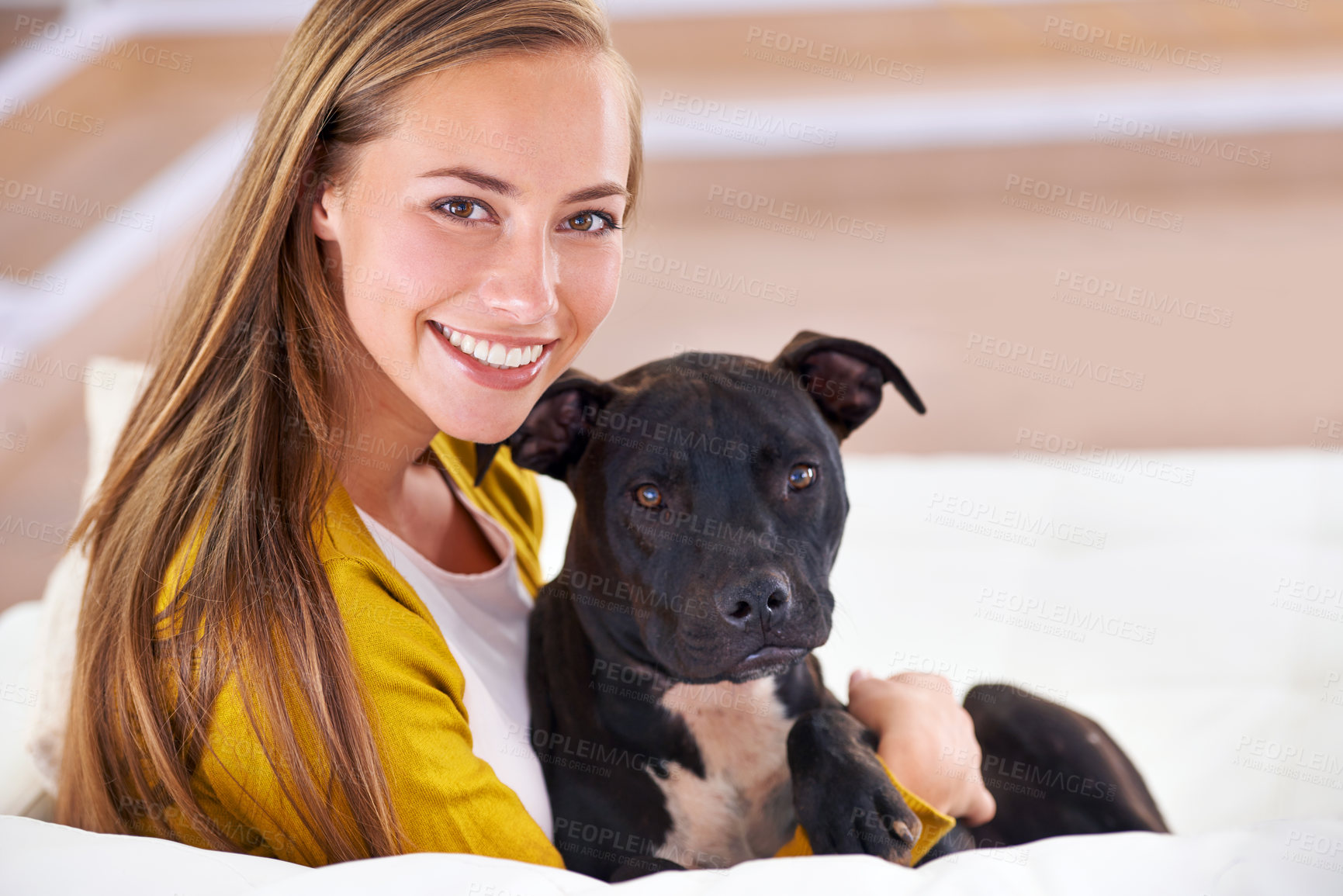 Buy stock photo Woman, dog and relax on sofa in portrait, smile for pet love and bonding at home with domestic canine. Happy, positive and trust with foster or adoption, cuddle puppy in living room and animal care