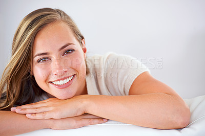 Buy stock photo Happy woman, portrait and smile in home, beauty and couch for relax and mockup space. Face, teeth and confident for skincare and salon treatment, cosmetology and natural cosmetics for Danish model  
