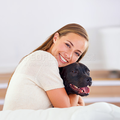 Buy stock photo Smile, portrait and woman with dog on couch for relax, love and happiness together in living room. Female person, cuddle and puppy on sofa for affection, comfort and stress relief by domestic animal
