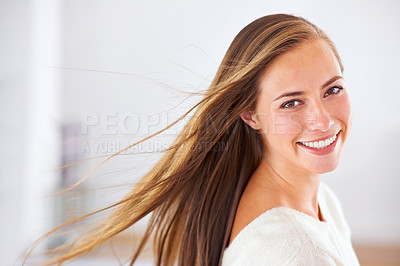 Buy stock photo Portrait, woman and mockup for hair care, treatment and growth at beauty parlour, beautician or spa. Female person, smile or hairstyle in salon with hairdo for styling, shampoo or hairdressing