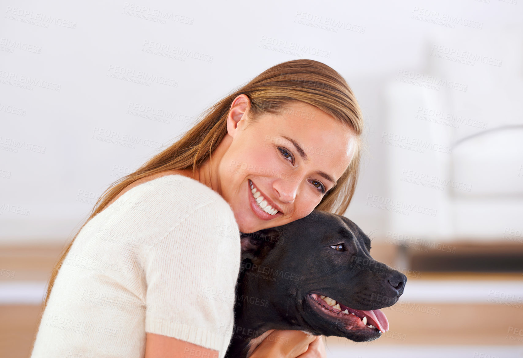 Buy stock photo Portrait, smile and woman with dog on sofa for relax, love and happiness together in living room. Female person, cuddle and puppy on couch for affection, comfort and stress relief by domestic animal